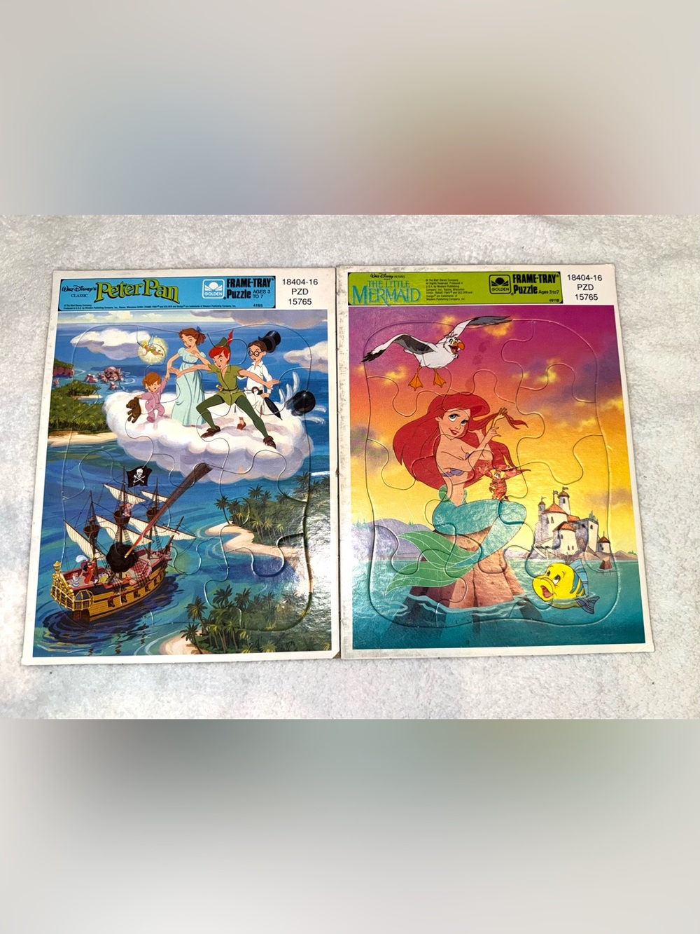 VTG Golden Framed Tray Puzzle Disney Little Mermaid & Peter Pan Lot of 2
